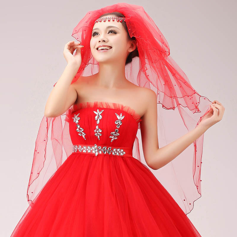 free shipping 1pcs The bride red veil quality yarn red wedding dress veil ts1012
