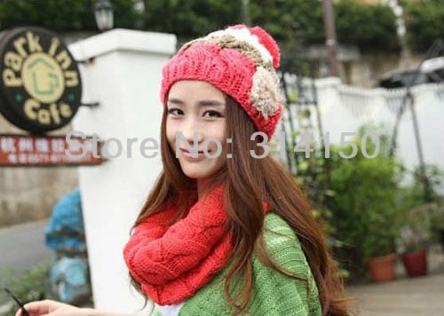 FREE SHIPPING---1pcs women wool cap beanies bowknot with pearl hat handmade wool knitted colour blocking design winter wear 7740