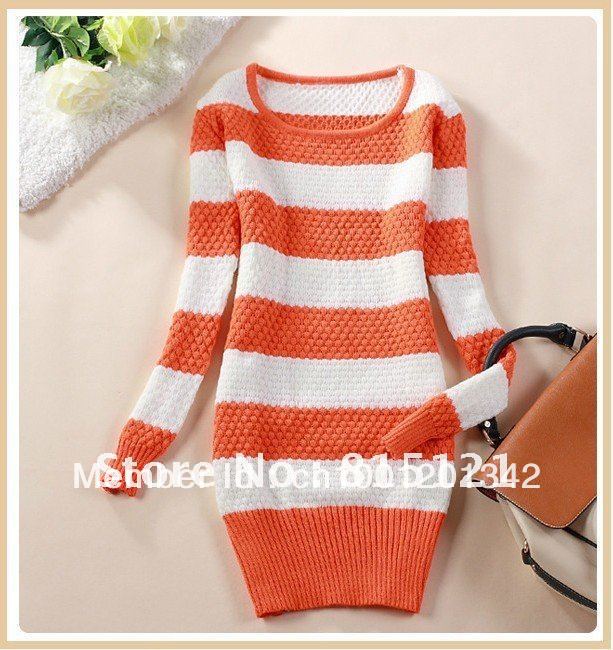 Free shipping 1pieces 100% cotton Fashion O-Neck knitted sweater women pullover long sleeve stripe sweaters pullovers