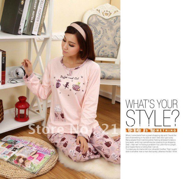 FREE SHIPPING 1set cute cartoon women's casual knitted cotton long-sleeve set pajamas,M49,sleepwear
