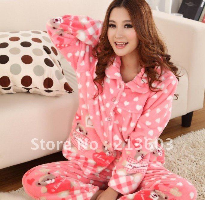 FREE SHIPPING 1set  cute thickening coral fleece Pajamas  M71, women's sleepwear