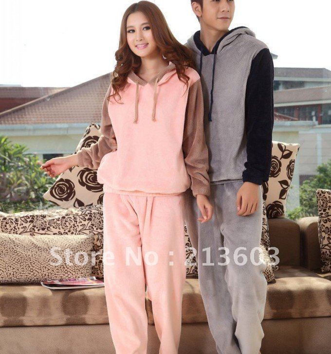 FREE SHIPPING 1set Men's Winter pajamas men and women of upset patchwork hoodied lovers coral fleece pajamas M11