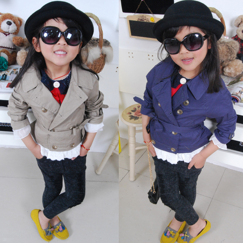 Free Shipping  2 2012 children's female clothing double breasted trench sweep laciness - belt wt013