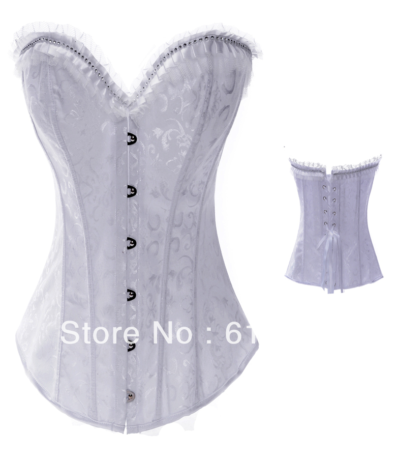 Free shipping  2 colpr white/black  boned lace up corset bustier with lace trim and shiny stones   factory dropship S-2XL