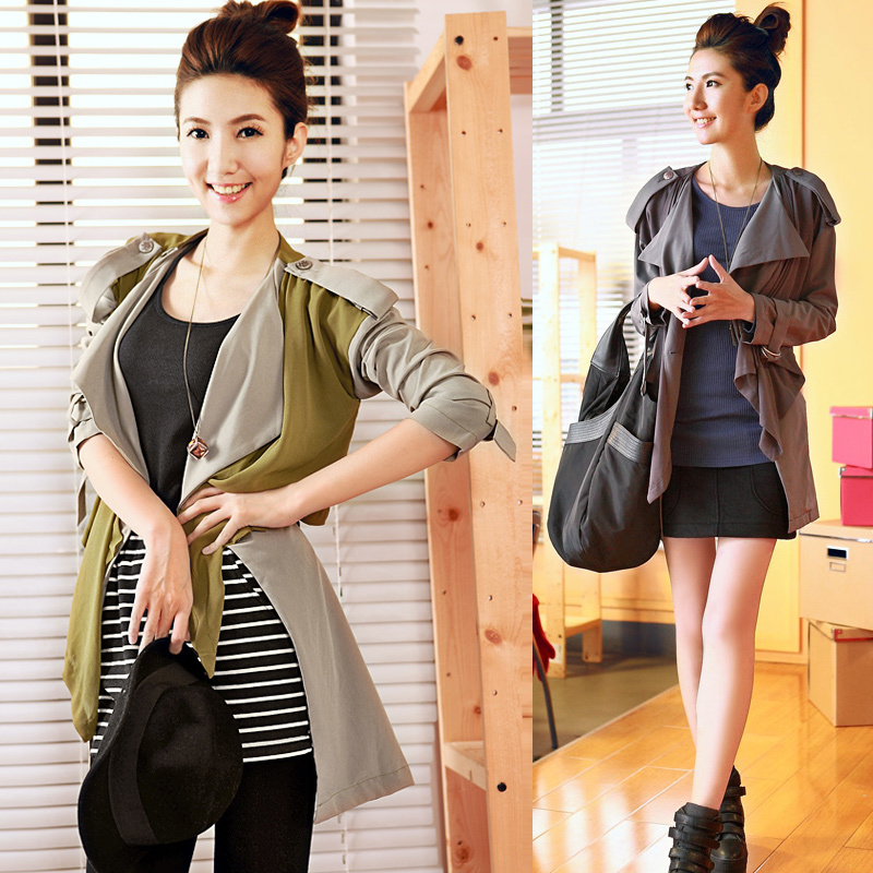 Free shipping 2 fashion faux two piece double colorant match medium-long belt outerwear trench w3237