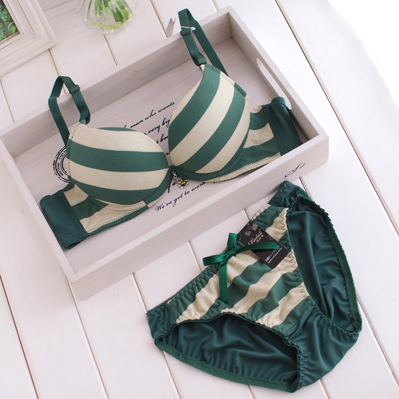 free shipping 2 fresh green stripe women's bra set underwear set