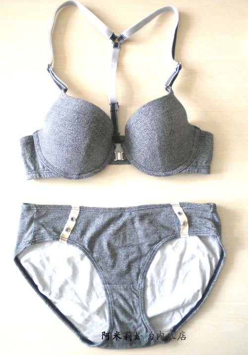 Free shipping! 2 front button push up slip-resistant shoulder strap push up bra grey stripe underwear set