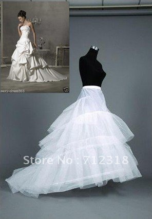 Free Shipping 2-Hoop 3- Layer White Bridal Crinoline Wedding Dress Train Petticoat /Underskirt
