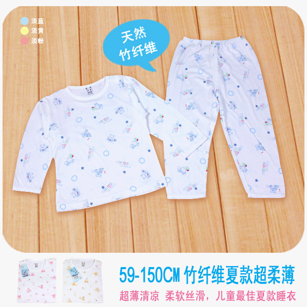 Free Shipping 2 kit bamboo fibre summer child air conditioning underwear ultra-thin male female child baby sleepwear long-sleeve