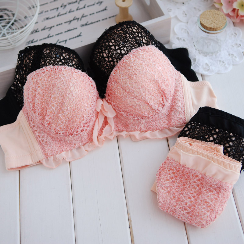 free shipping 2 noble sweet yarn crocheted mesh laciness 3 breasted bra set lingerie