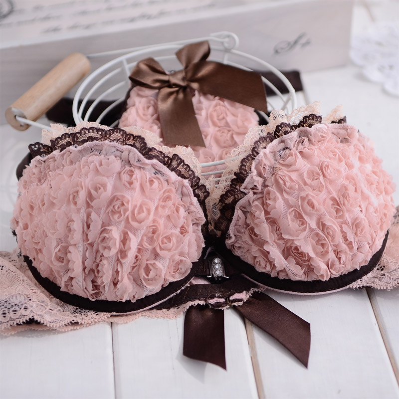 free shipping 2 romantic three-dimensional flower sexy front button push up underwear bra sets