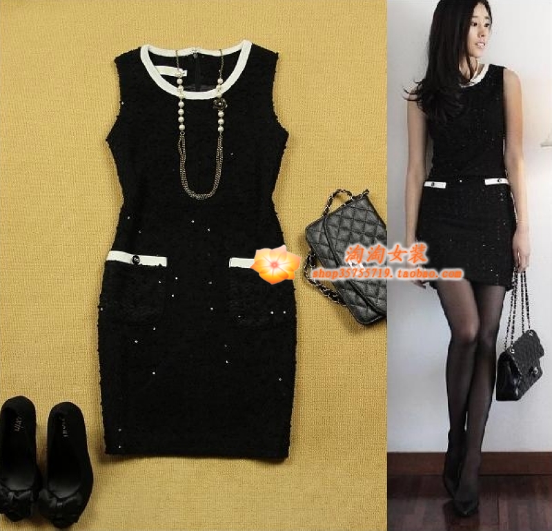 FREE SHIPPING 2 women's evidenced small olmm sequin slim thick black vest one-piece dress