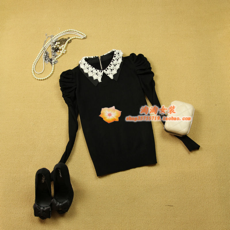 Free Shipping 2 women's mmol pearl cravat decoration puff sleeve black basic shirt sweater