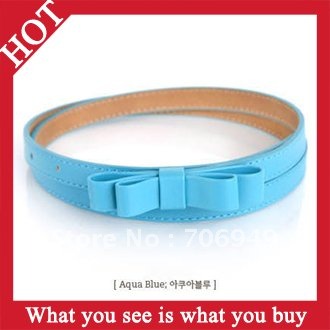 Free Shipping 200pcs Aqua Blue Fashion Women Bowknot Thin Belt Waistband Sweet Little PU Leather Buckle Belt -- BET09 Wholesale