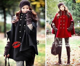 Free shipping 2011 autumn and winter female double breasted wool coat outerwear british style poncho cape trench red