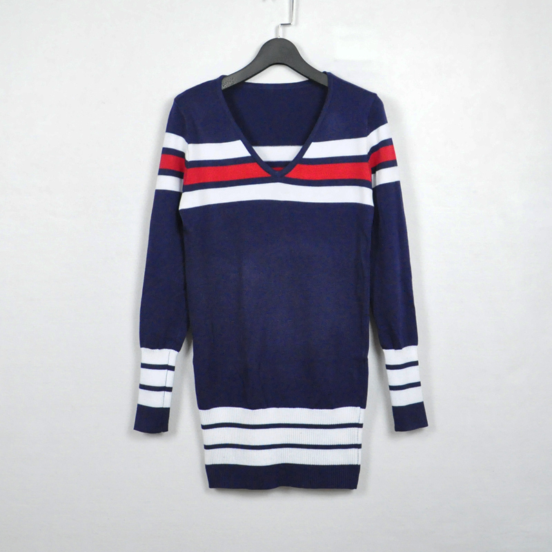 Free Shipping, 2011 autumn and winter women navy style color block decoration stripe knitted V-neck slim one-piece dress