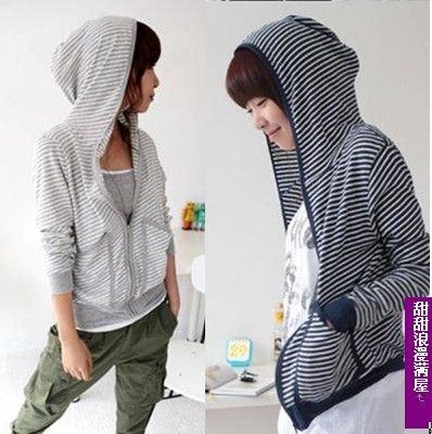 Free Shipping 2011 autumn women's 13996 navy style stripe hooded cardigan coat high quality wholesale