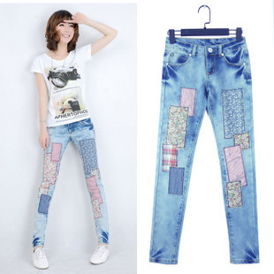 Free Shipping 2011 autumn women's fancy applique casual denim pencil pants trousers a9449