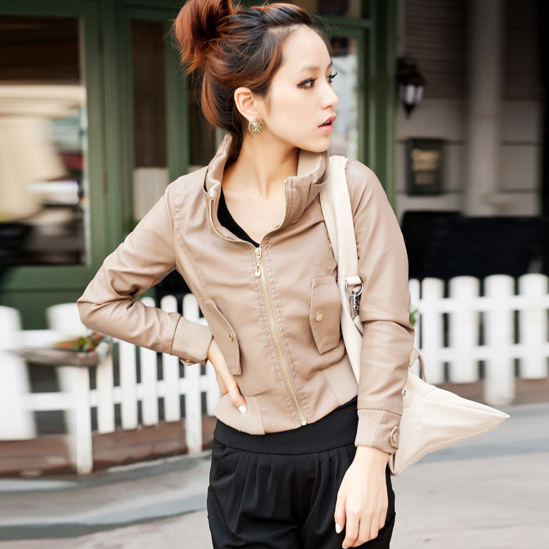 Free Shipping! 2011 Autumn Women's Stand Collar Small Casual Zipper Slim Khaki Faux Leather Jackets and Coats  B06658#