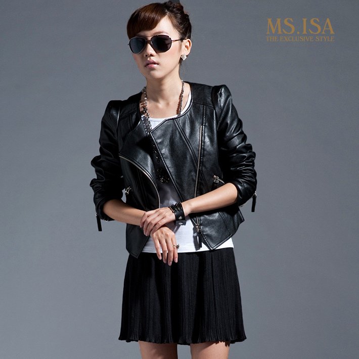 Free Shipping 2011 fashion o-neck oblique zipper PU water washed leather short design slim motorcycle leather clothing female