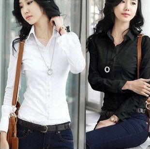 Free Shipping,2011 New Fashion Women's Long Sleeve Cotton Blouse Ladies' Shirt,Black/White,Wholesale/Retail