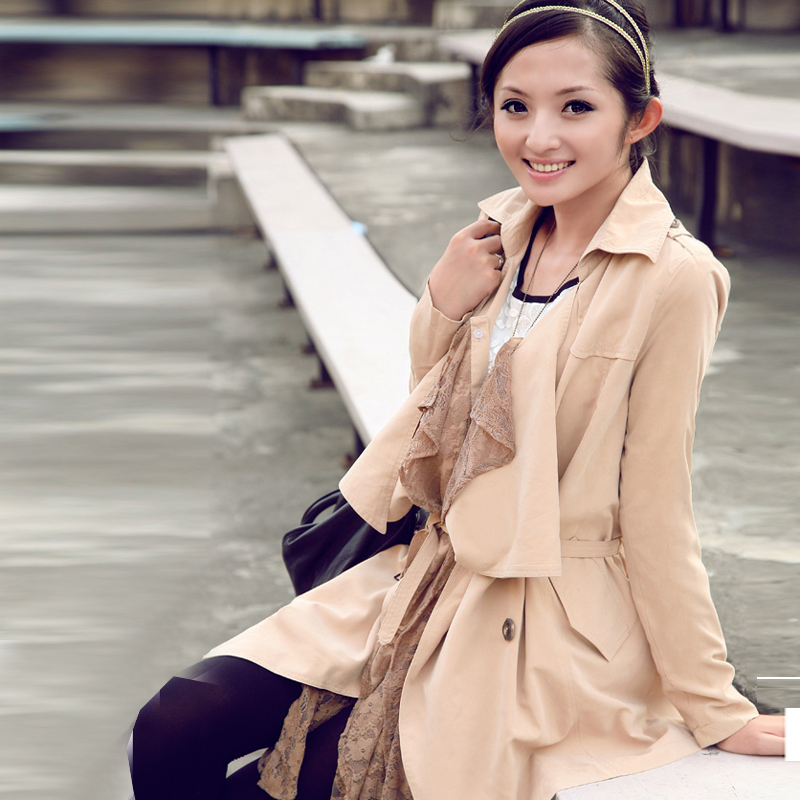 Free Shipping! 2011 Spring and Autumn Fashion Lace Faux Two Piece Elegant Slim Women's Long Trench Coat B06712#