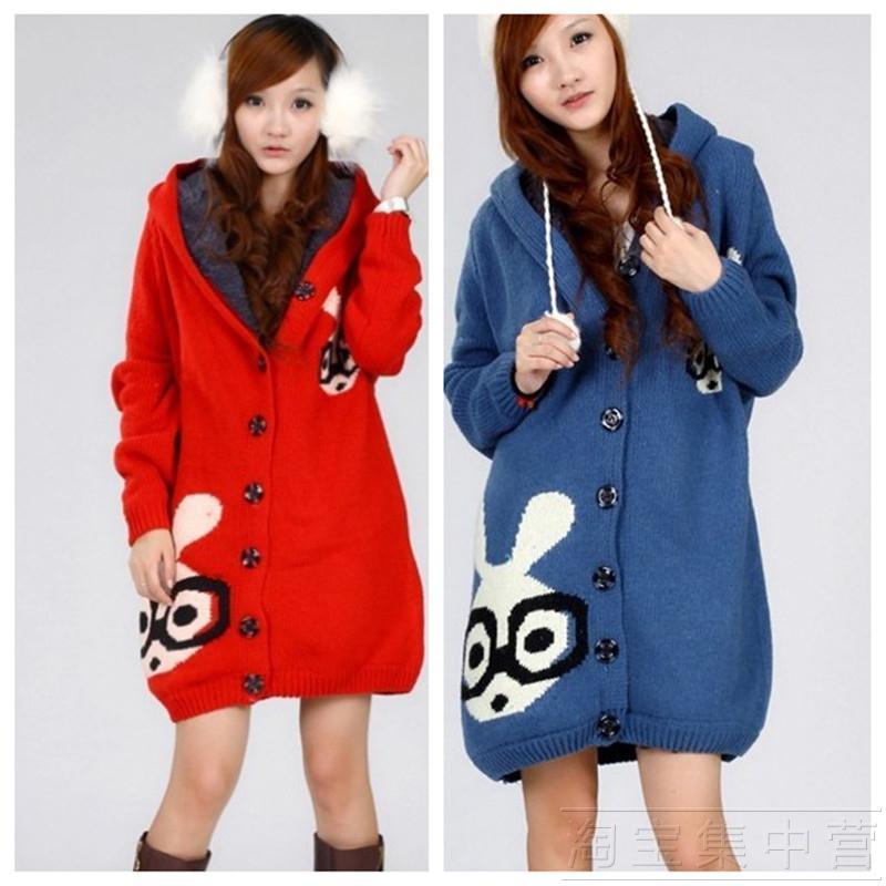 Free shipping! 2011 women's loose long design rabbit cardigan plus velvet thickening sweater outerwear