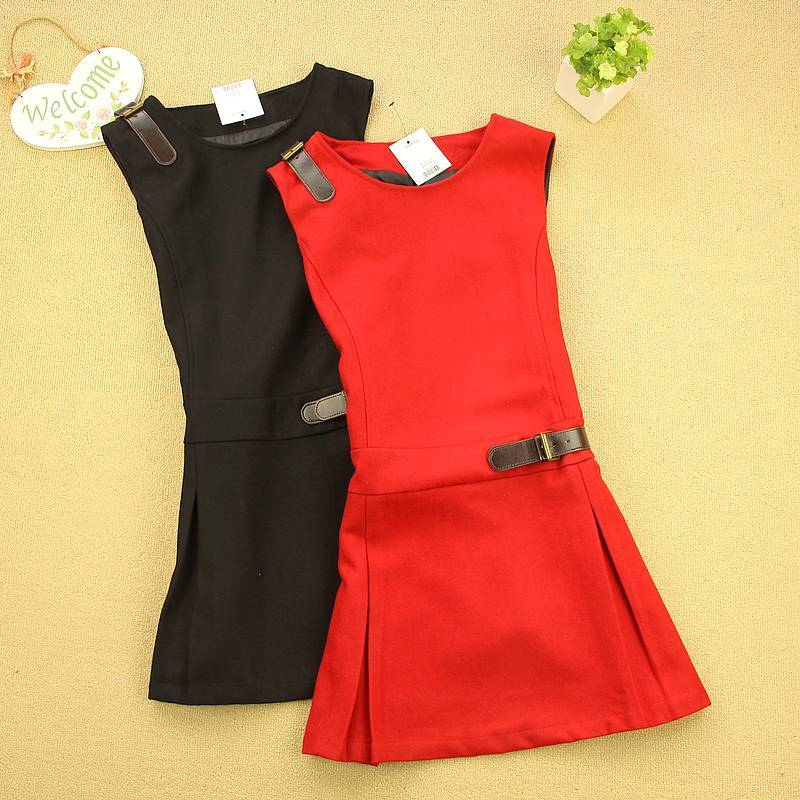 Free shipping 2012 2012 fashion elegant leather buckle slim woolen vest one-piece dress