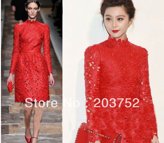 Free Shipping 2012 Autum/ Winter New Europe Celebrity Fashion PU leather Hollow Out Luxurious Red Dress