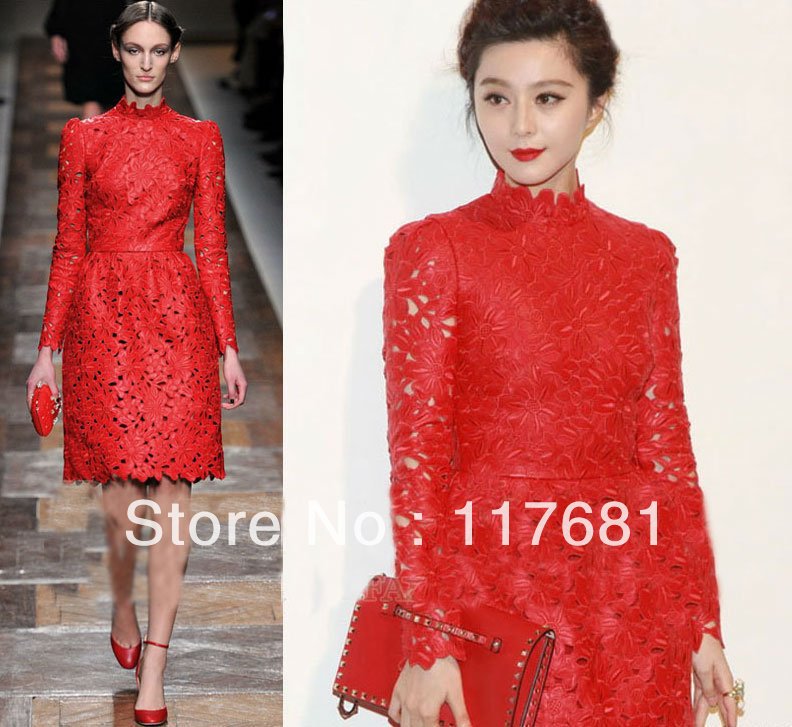 Free Shipping 2012 Autum/ Winter New Europe Celebrity Fashion PU leather Hollow Out Luxurious Red Dress SS12420