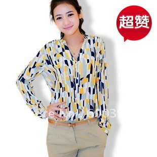 Free shipping 2012 autum women's t- shirt plaid women's chiffon shirt long-sleeve color block decoration chiffon