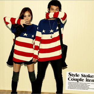 Free Shipping, 2012 autumn and winter all-match vintage american flag five-pointed star stripe loose sweater lovers