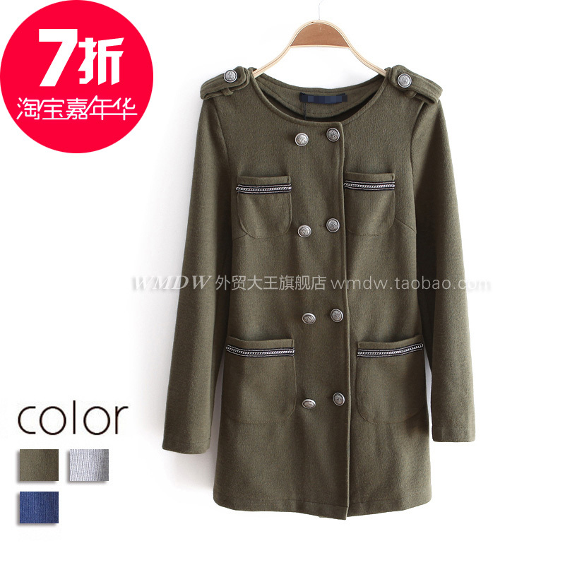 FREE SHIPPING 2012 autumn and winter autumn and winter epaulette double breasted o-neck medium-long solid color trench ww2648