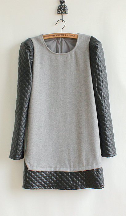 Free shipping - 2012 autumn and winter fashion plaid leather woolen slim one-piece dress