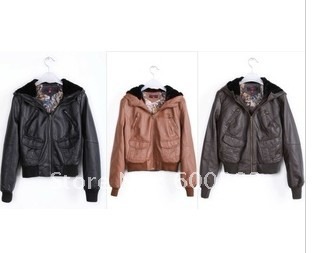 Free shipping 2012  autumn and winter fashion with a hood berber fleece faux leather motorcycle women's outerwear PU clothing