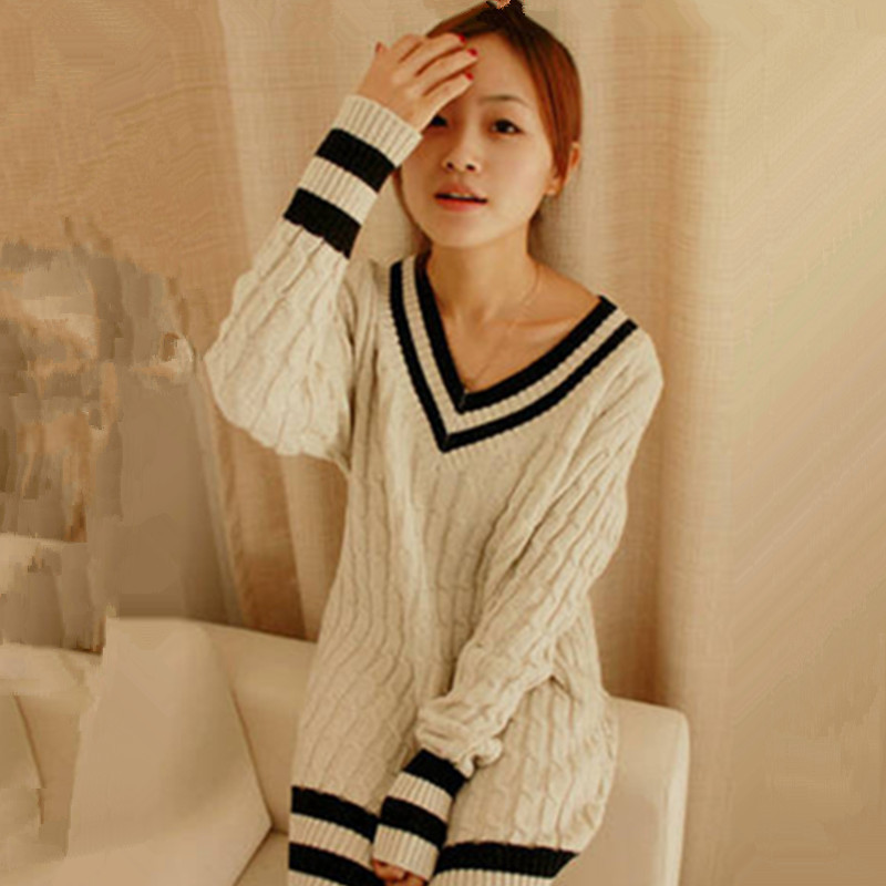 Free Shipping 2012 autumn and winter fashion women's long design twisted sweater V-neck stripe Loose Sweater 4 Colors120926#10