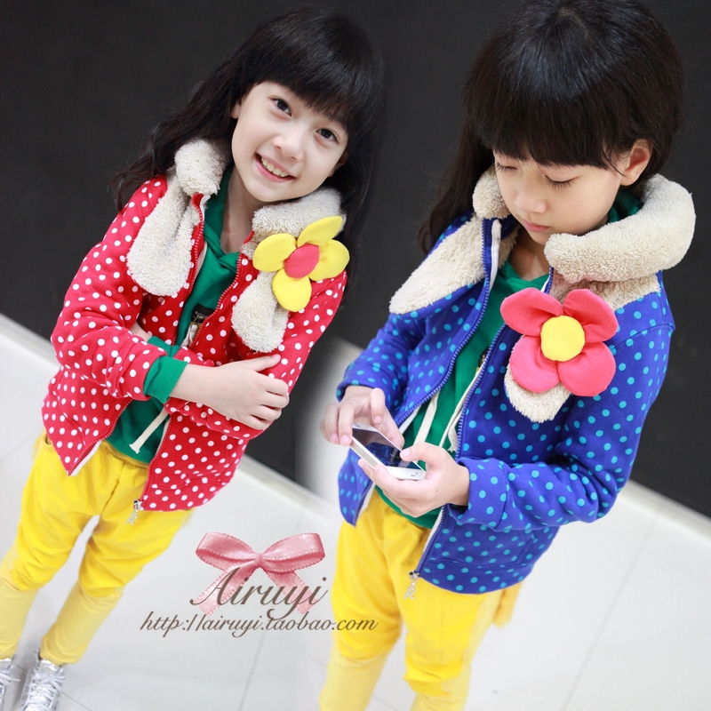 free shipping 2012 autumn and winter female child fleece sweatshirt offset printing polka dot bow zipper cardigan