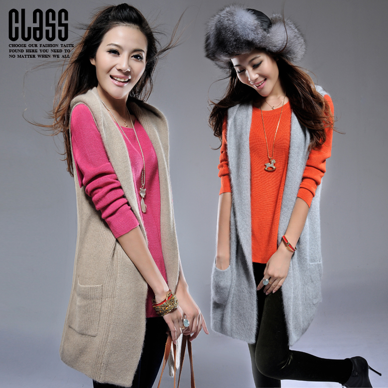Free shipping 2012 autumn and winter female medium-long sweater mink sweater long design women's hooded cardigan