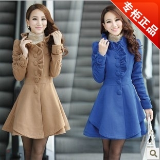 Free shipping 2012 autumn and winter gentlewomen stand collar ruffle hem puff sleeve long-sleeve ruffle expansion bottom coat