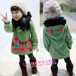 free shipping 2012 autumn and winter girls clothing thickening fleece pink cat with a hood sweatshirt