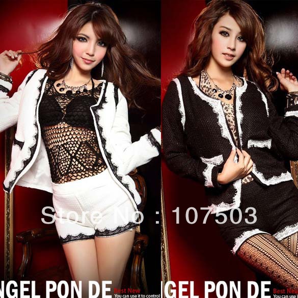 Free shipping 2012 autumn and winter Koreanwomen lady new fashion shorts jacket suit  lace two-piece suit black,orange w3465