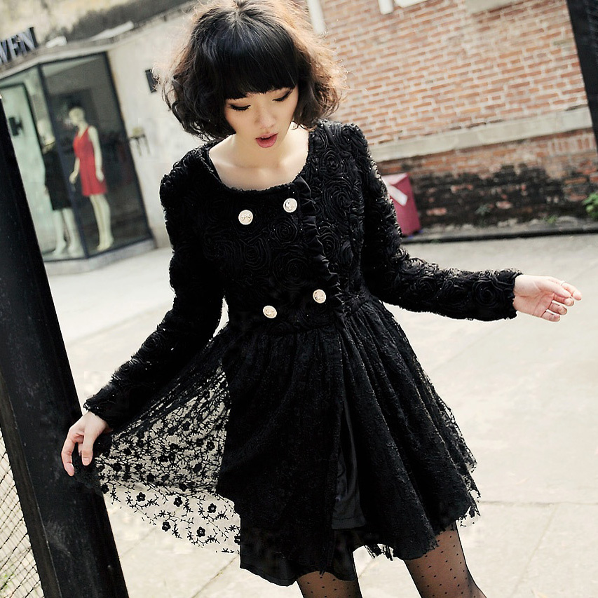 free shipping 2012 autumn and winter new arrival plus size trench women's overcoat lace outerwear