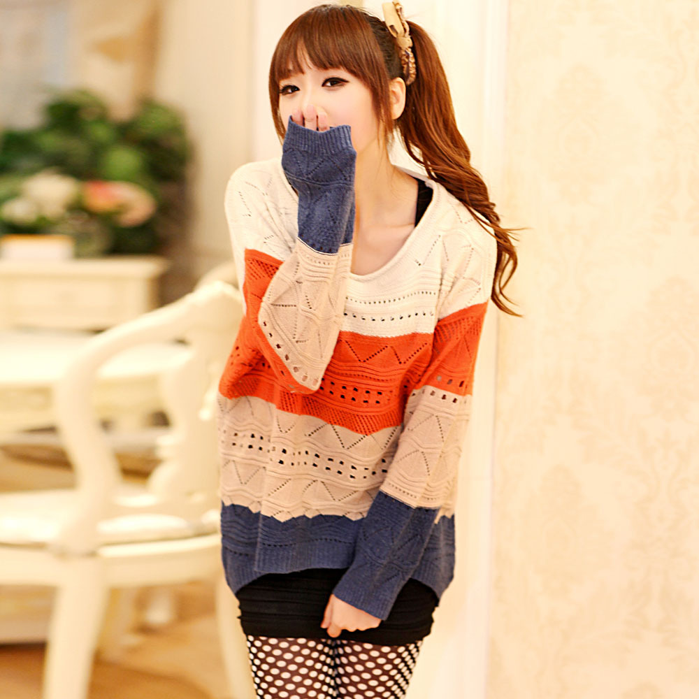 Free shipping 2012 autumn and winter pullover loose stripe sweet color block decoration sweater female