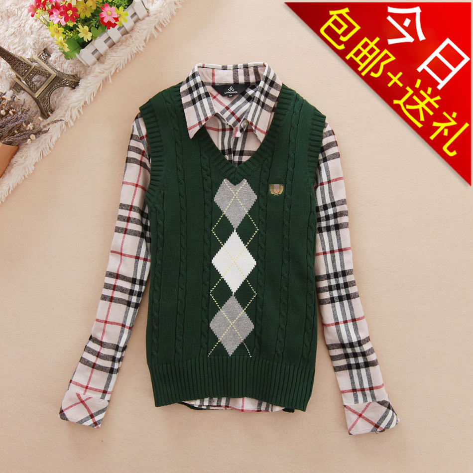 Free Shipping! 2012 autumn and winter pullover preppy style female V-neck small plaid sweater vest wool waistcoat