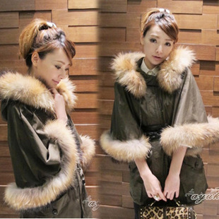 Free Shipping 2012 autumn and winter raccoon fur horn poncho trench wadded jacket Army Green cotton-padded jacket female LDX