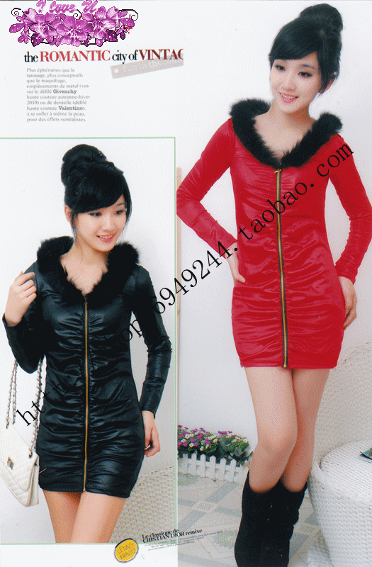 Free Shipping 2012 autumn and winter sexy V-neck zipper leather bu tight-fitting hip slim one-piece dress