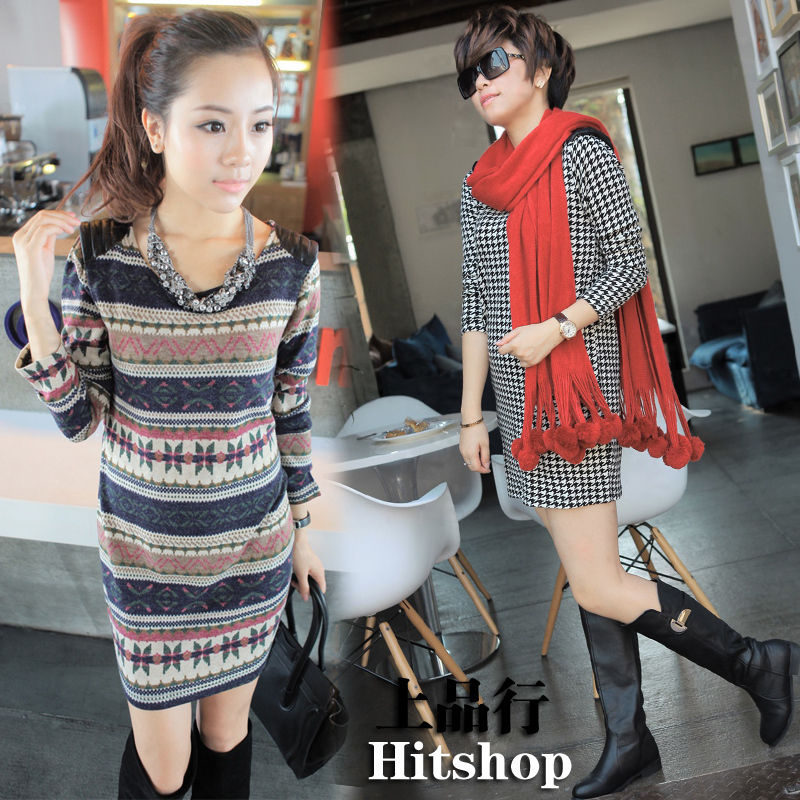Free Shipping 2012 autumn and winter slim all-match leather epaulette knitted houndstooth one-piece dress