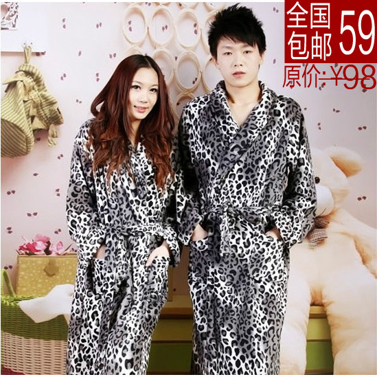 Free Shipping 2012 autumn and winter thickening coral fleece sleepwear robe bathrobes leopard print lovers sleepwear