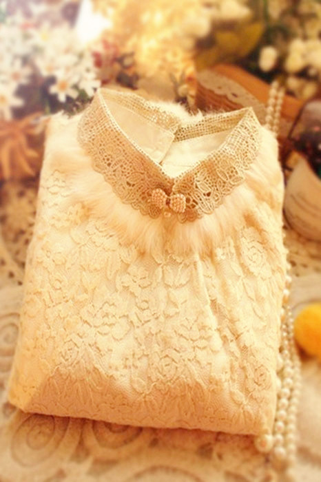 Free shipping 2012 autumn and winter vintage full lace stand collar rabbit fur pearl bow vintage slim shirt basic shirt
