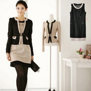 Free Shipping 2012 autumn and winter women border V-neck short design outerwear professional set skirt one-piece dress outerwear